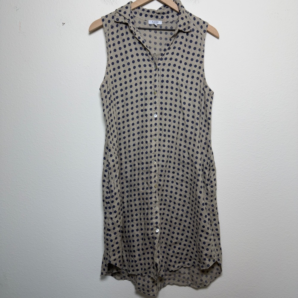Rosemarine Womens 100% Linen Shirt Dress M Tan Polka Dot Lagenlook Coastal